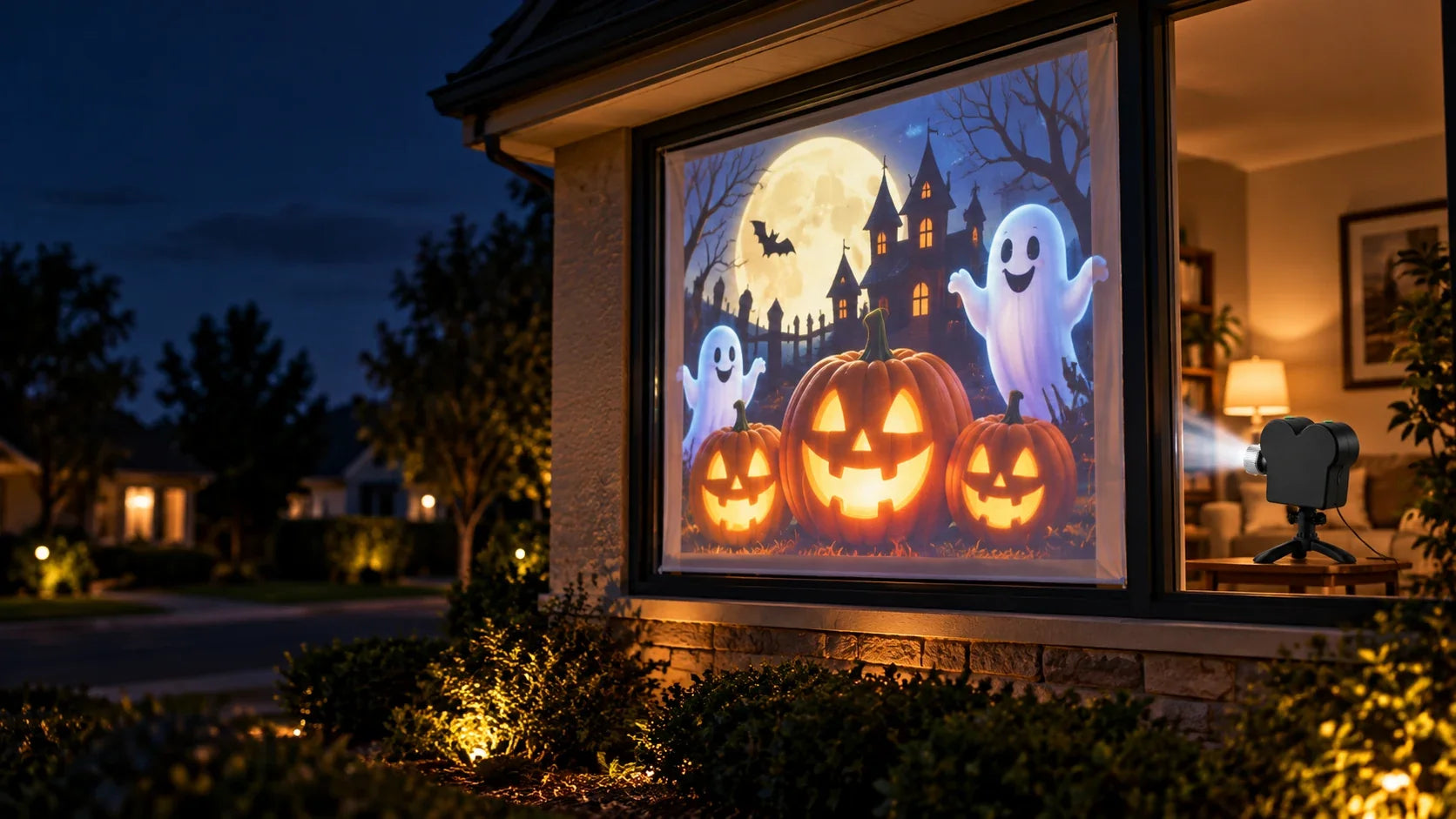 Window with an animated Halloween scene projected from inside