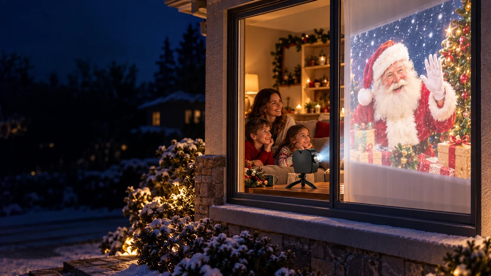 Christmas-themed window with Santa Claus