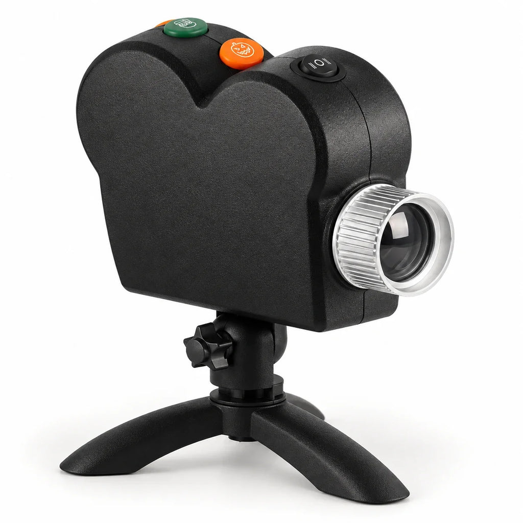 Black window projector on a tripod with adjustable lens on a white background