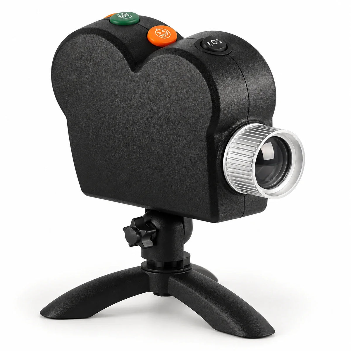 Black window projector on a tripod with adjustable lens on a white background