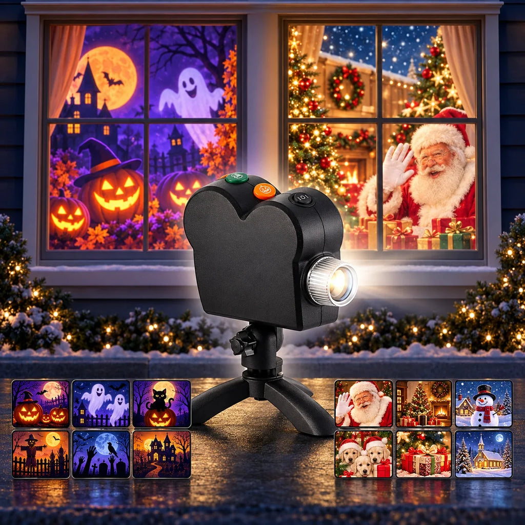 Window projector with six Halloween films and six Christmas films