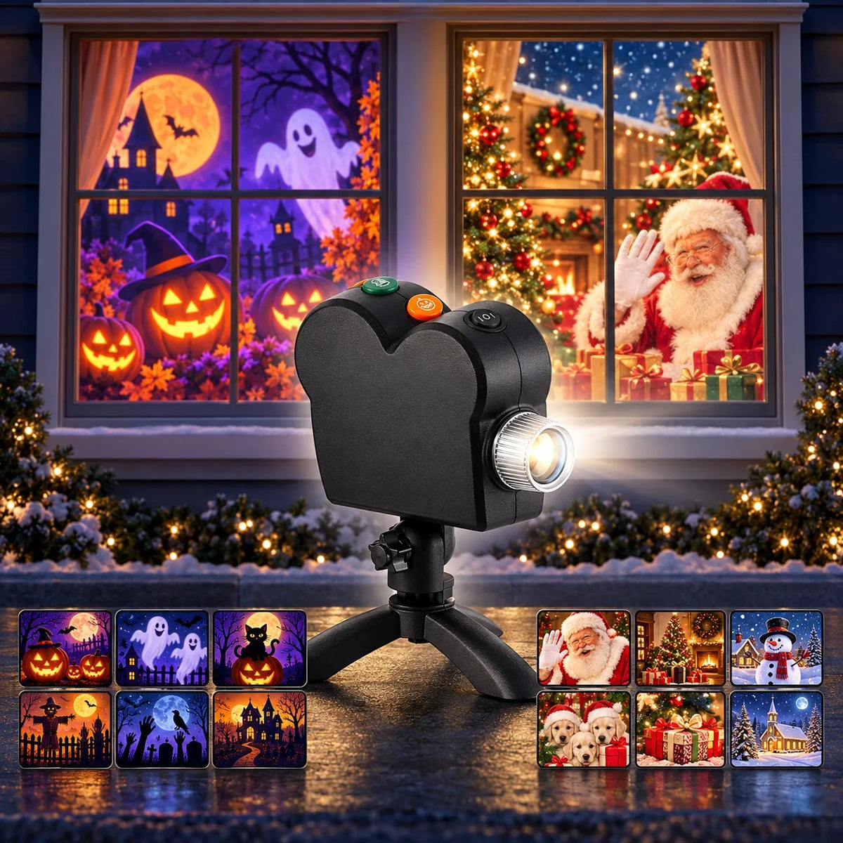 Window projector with six Halloween films and six Christmas films
