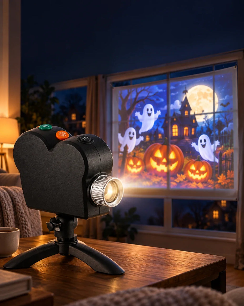 Window projector showing an animated Halloween scene with pumpkins and ghosts