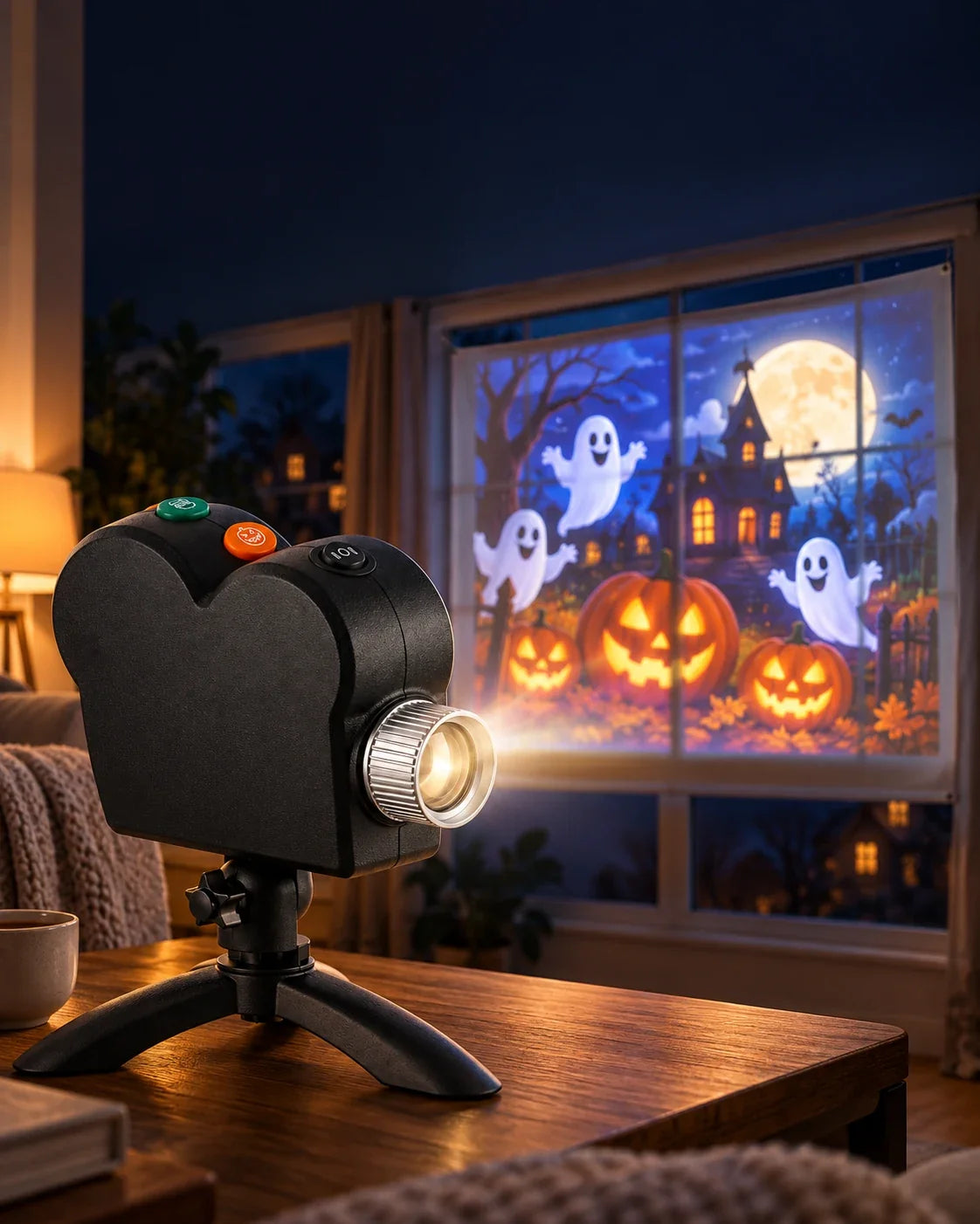 Window projector showing an animated Halloween scene with pumpkins and ghosts