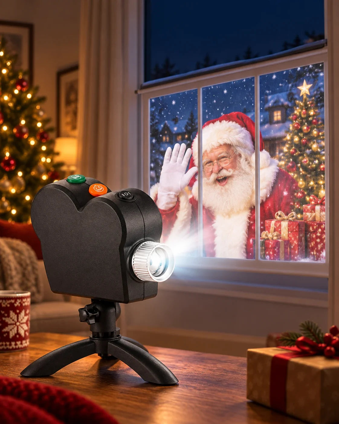 Window projector showing an animated Christmas scene with Father Christmas