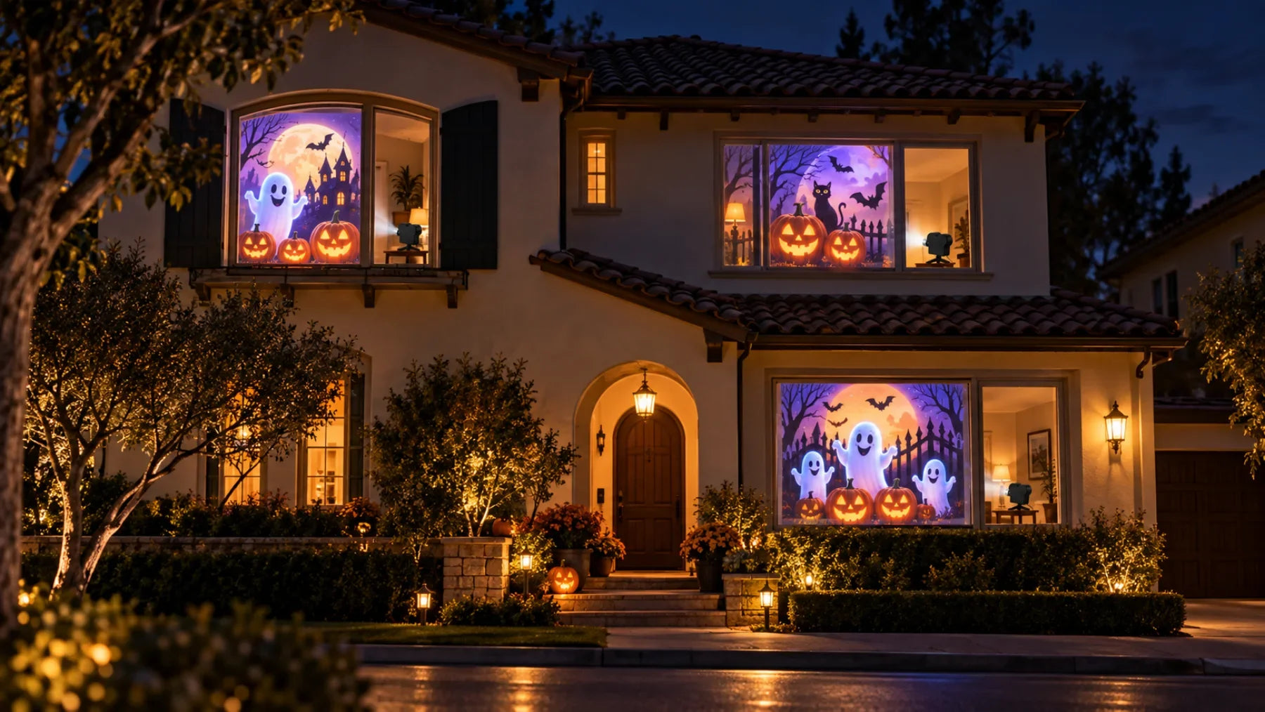 Three windows of a house with coordinated Halloween scenes