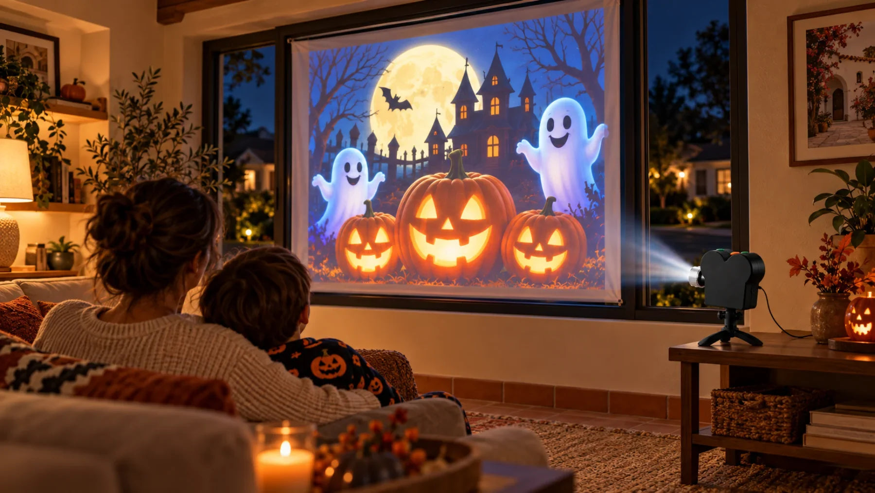 Projector placed inside a living room pointing at a white screen on the window