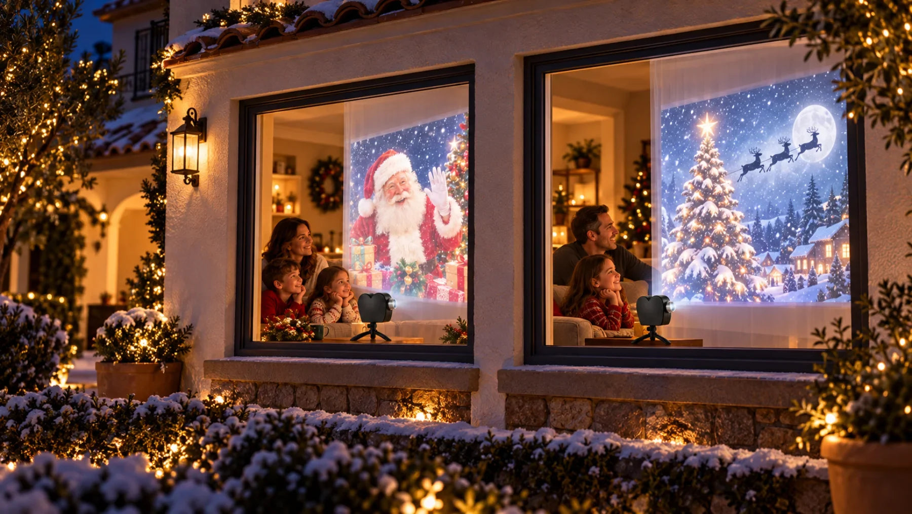 Two coordinated windows with different Christmas scenes