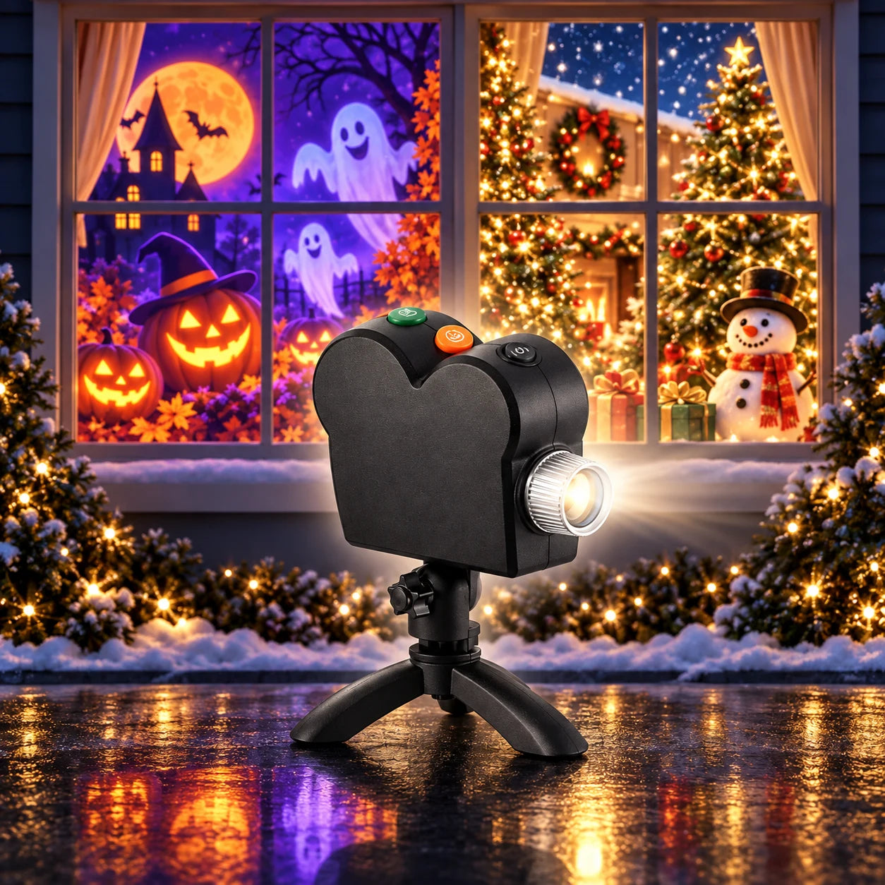 One projector in front of projected Halloween and Christmas scenes