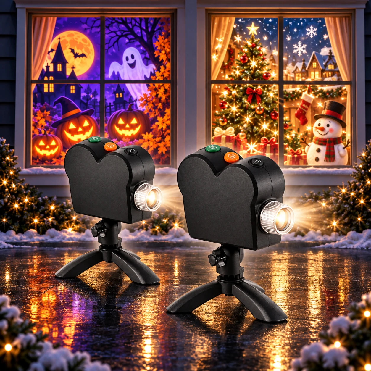 Two projectors in front of projected Halloween and Christmas scenes