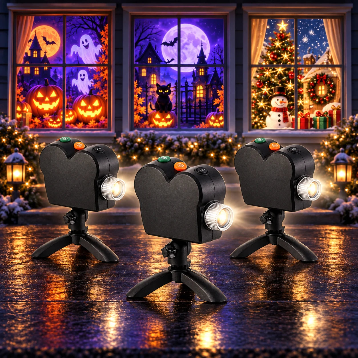 Three projectors in front of projected Halloween and Christmas scenes