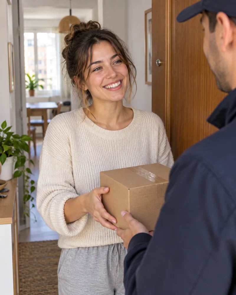 The same woman receives the package