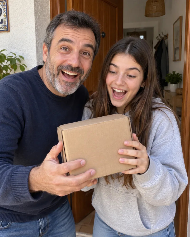 The same father and daughter receive the package