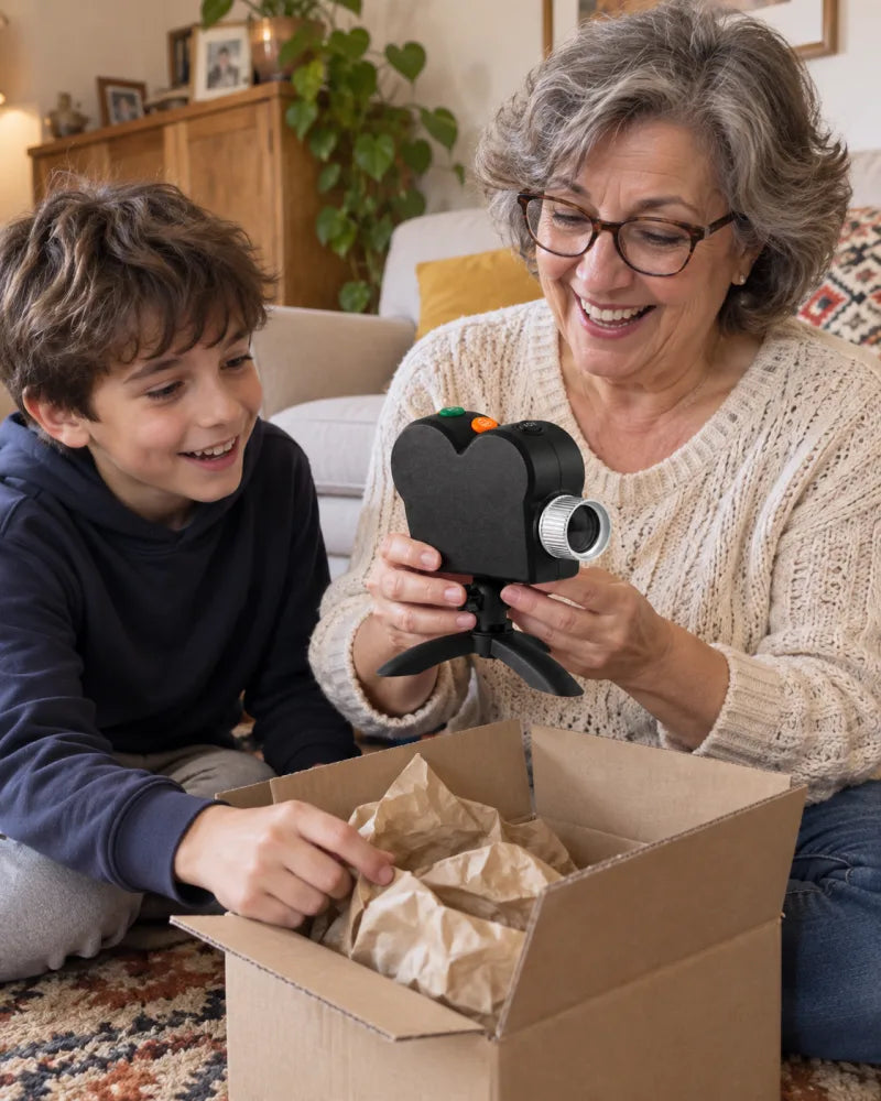 The same grandmother and grandson discover the projector