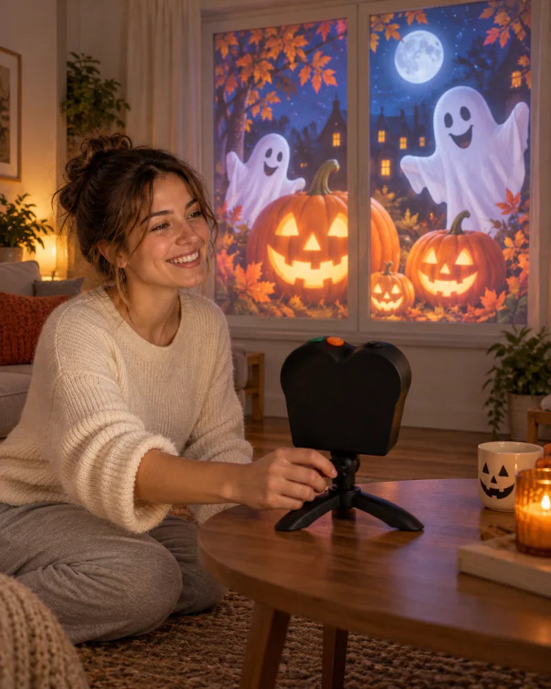 Woman points the projector at a Halloween window