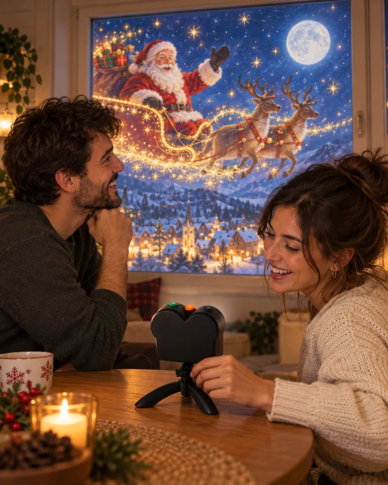 Couple points the projector at a Christmas window
