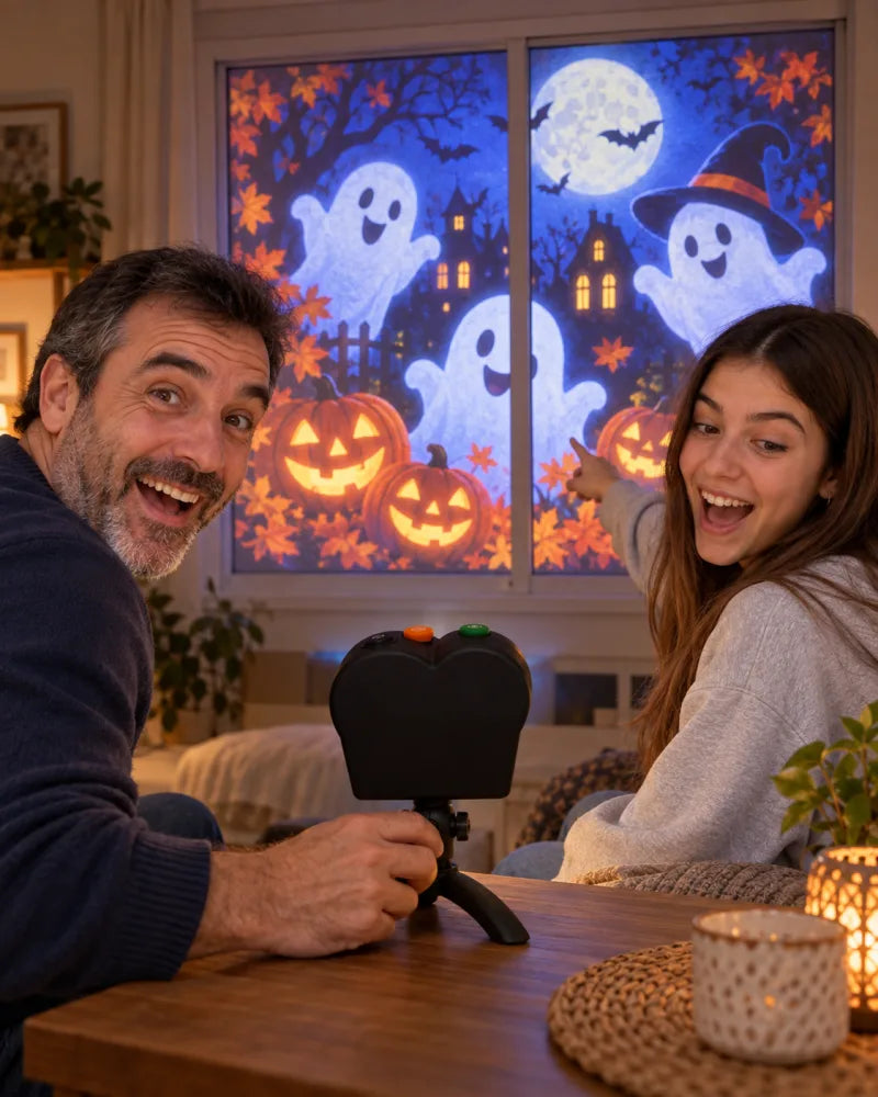 Father and daughter use the projector in front of a Halloween window