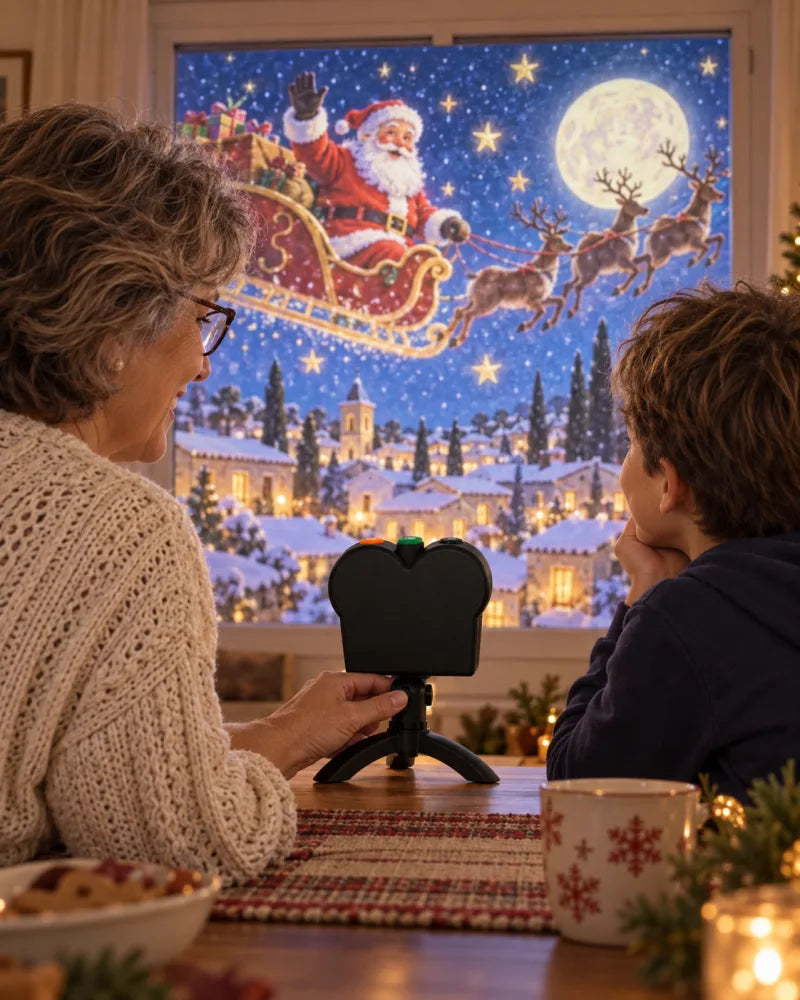 Grandmother and grandson use the projector at a Christmas window