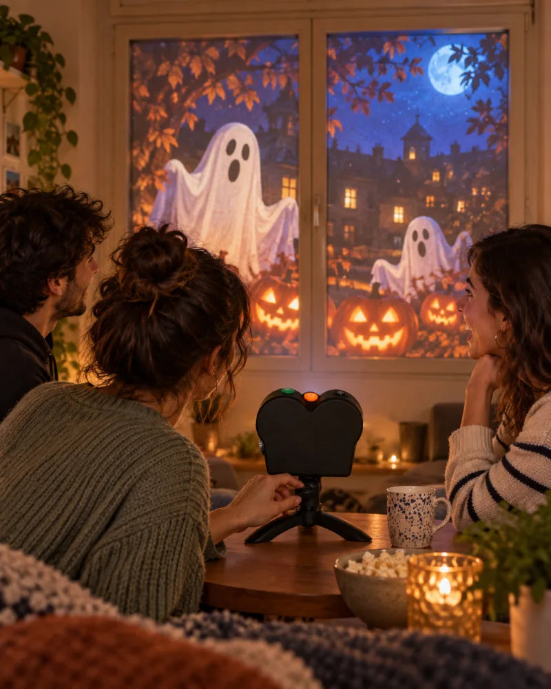 Friends use the projector at a Halloween window